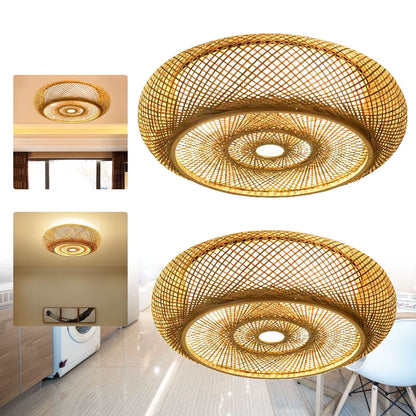 Asian Rustic Bamboo Flush Mount Ceiling Light 3-Lamp Antique Rattan Ceiling Light Weaving Lantern Lighting Fixture